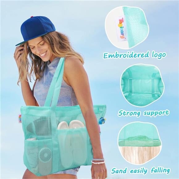 Mesh Beach Bag with Zipper Large Beach Tote Waterproof Sandproof with 8 Pockets - Picture 4 of 7